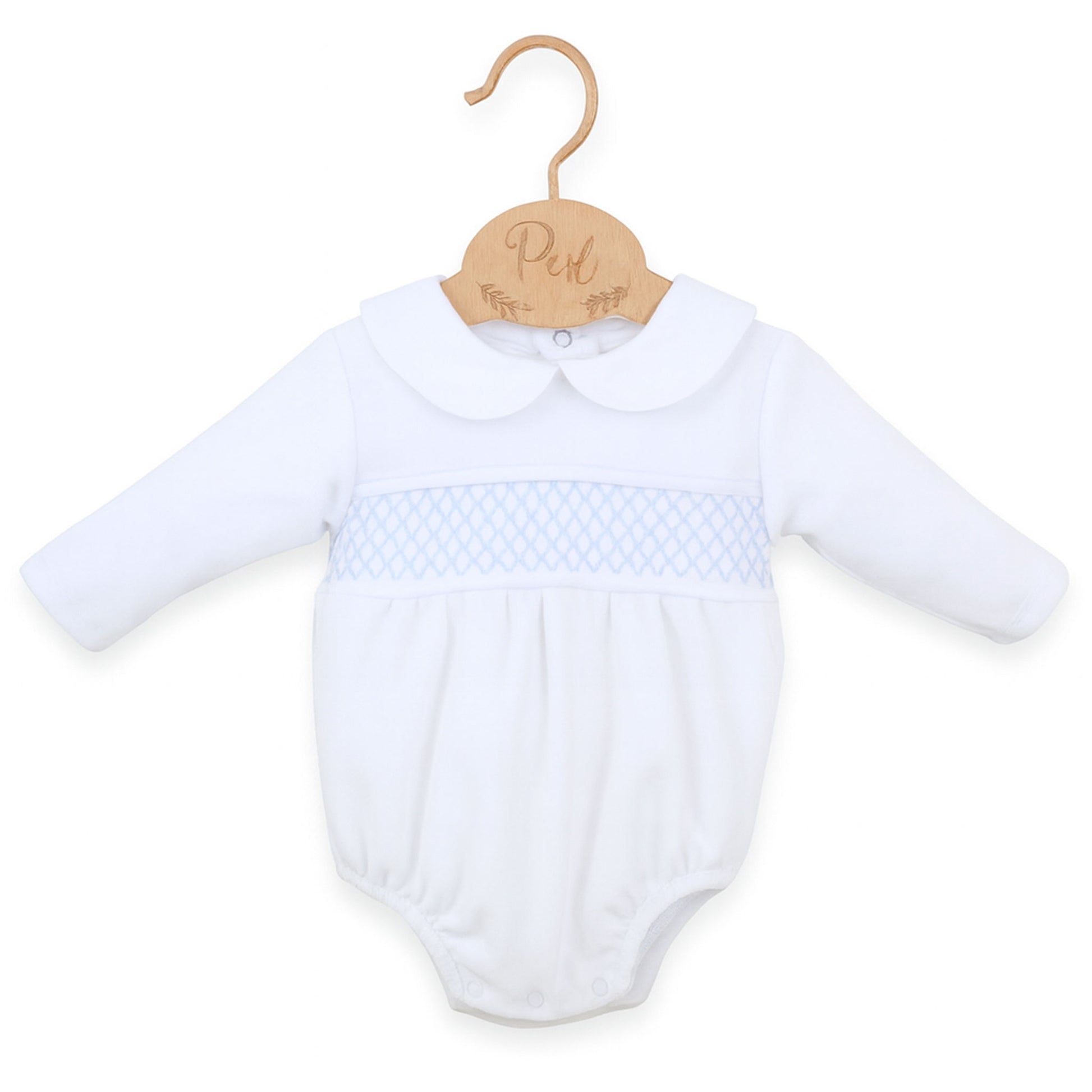 White baby romper with blue pattern on a hanger against a white background