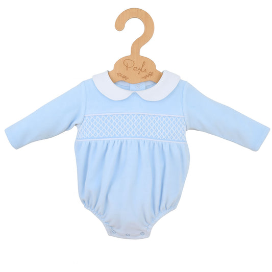 Light blue baby romper with white collar on a wooden hanger against a white background