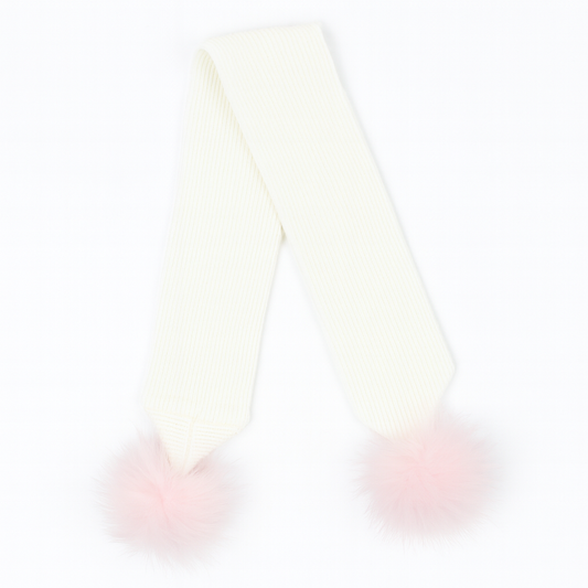 White Knit Scarf with Pink Pom Poms