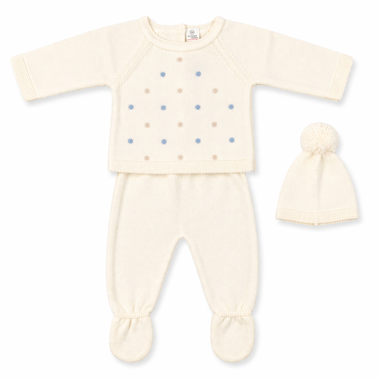 three piece baby outfit with hat