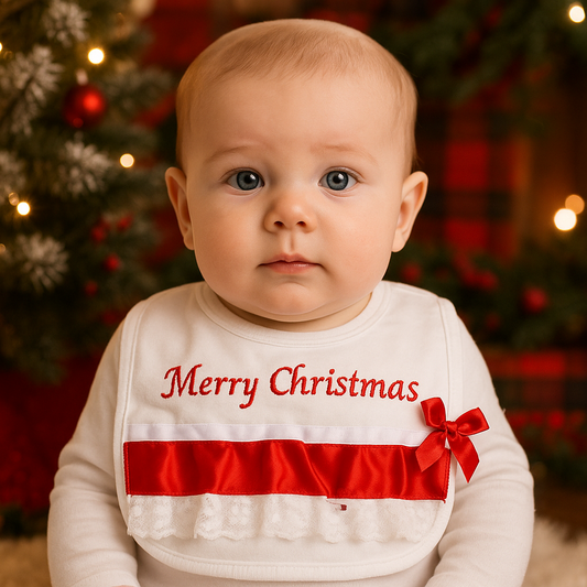 Baby Christmas Bib – White with Red Satin Trim & "Merry Christmas" Embroidery
