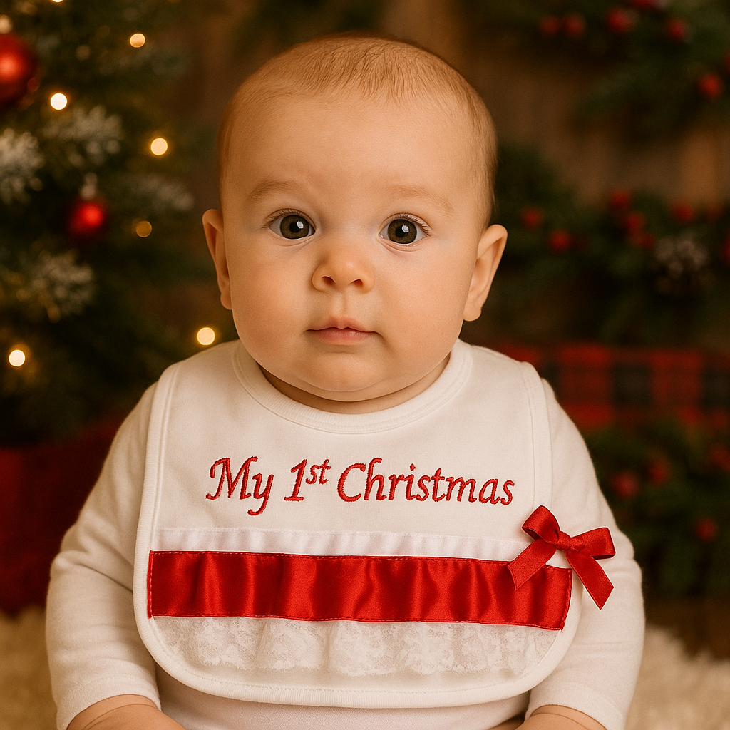 Baby wearing a 'My 1st Christmas' bib in front of a decorated Christmas tree.