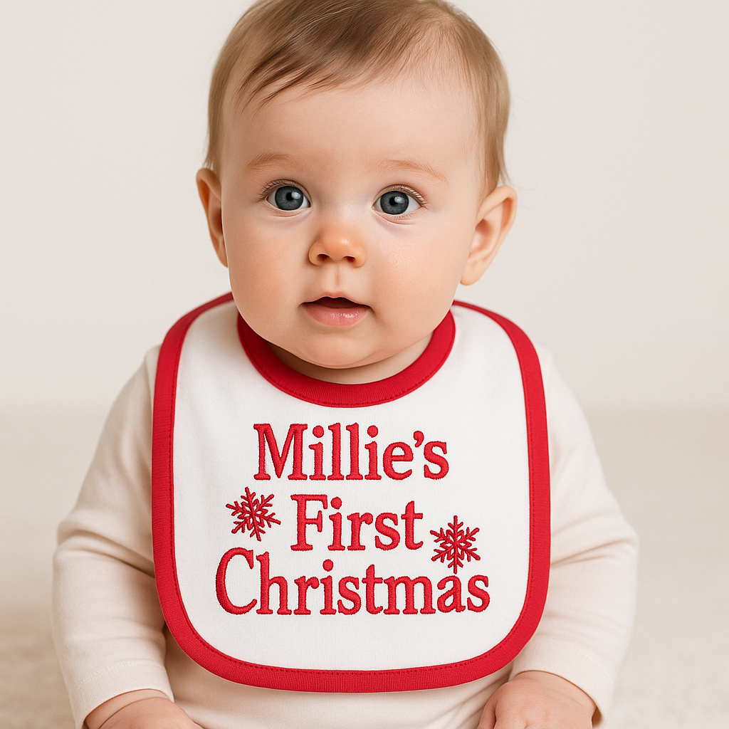 Personalised First Christmas Pull Over Bib – Embroidered