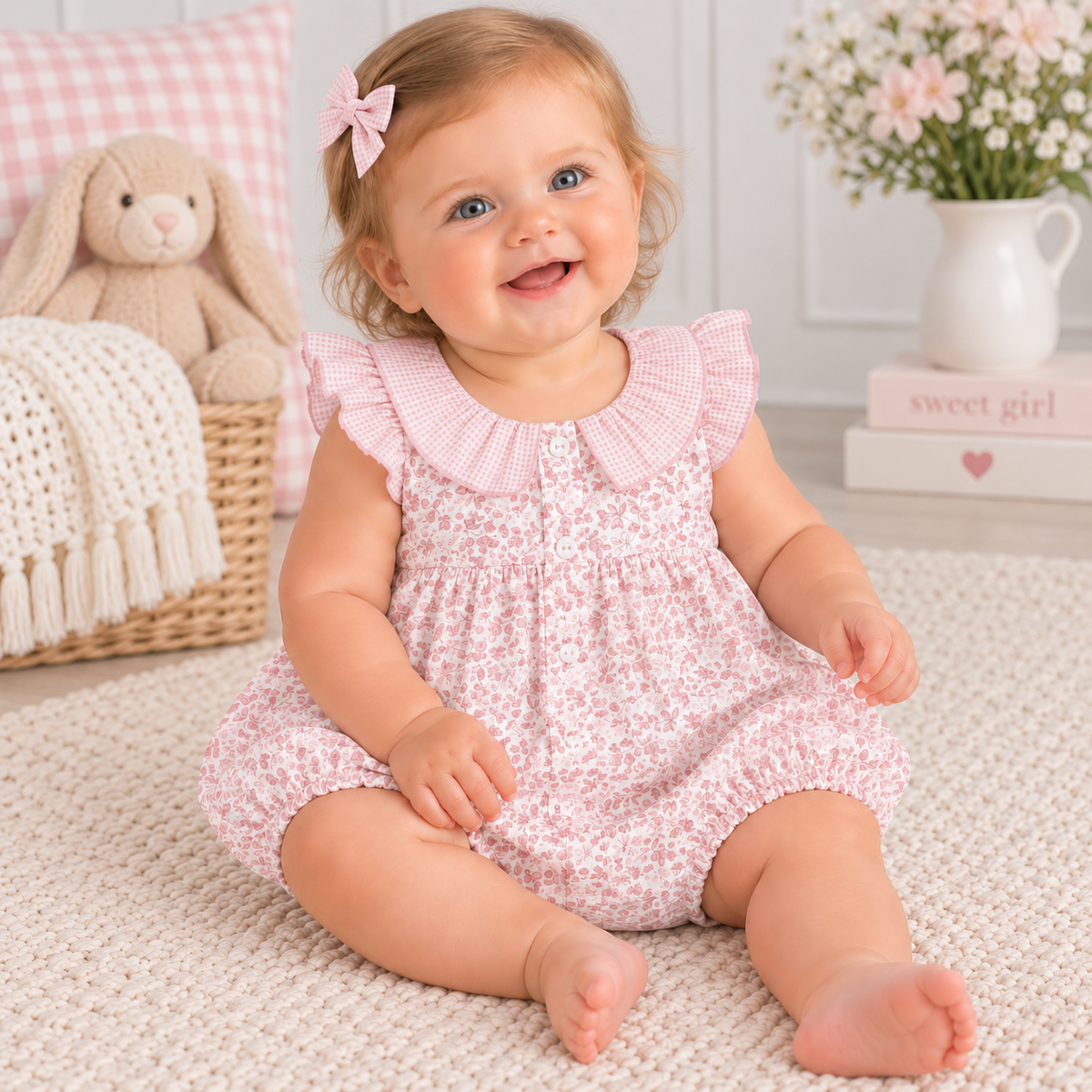 Rapife Pink Floral Baby Romper with Gingham Ruffle Collar