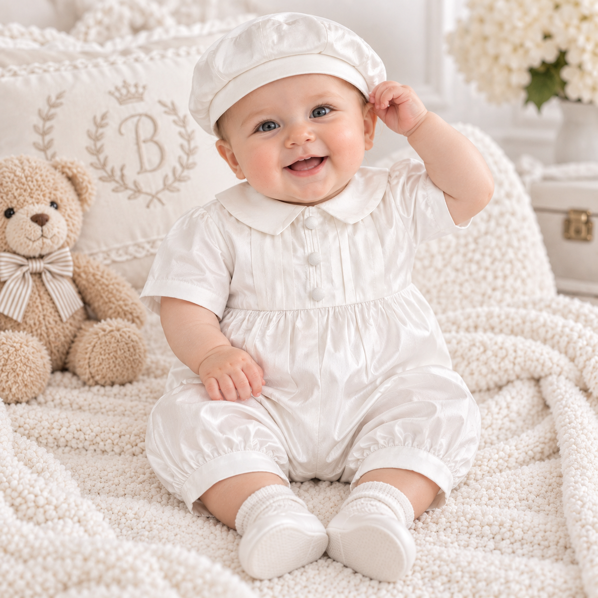 A baby wearing a shiny white short-sleeve romper, matching white hat, and white socks, sitting on a textured cream blanket next to a teddy bear.
