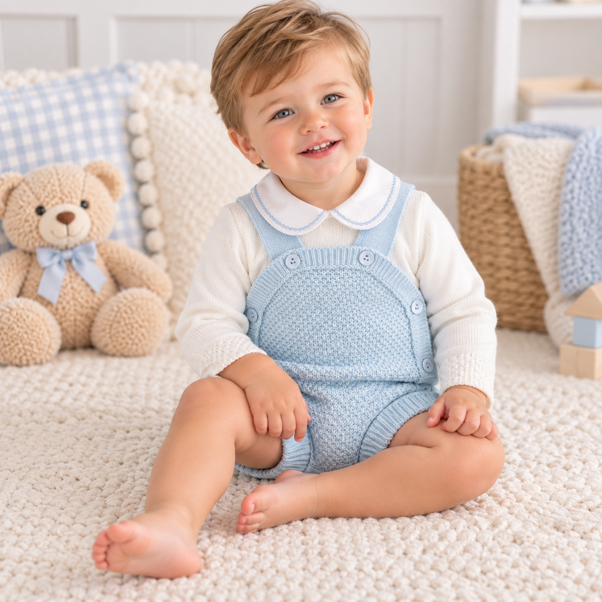 Little Nosh Baby Boys Blue Knitted Romper & Shirt Outfit