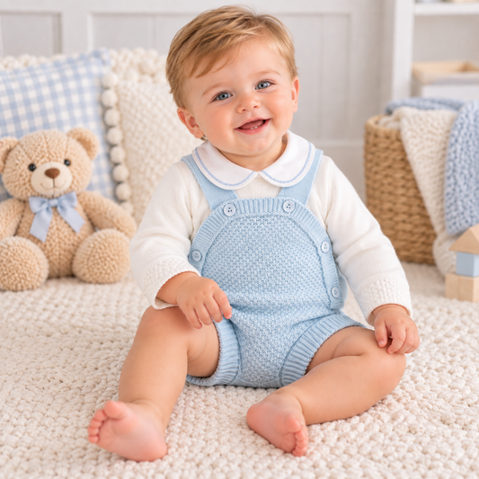two peice boy outfit blue and white knitted set