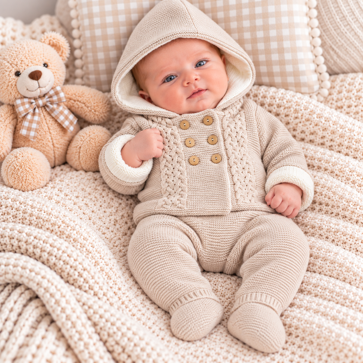 Baby Beige Knitted Jacket & Footed Bottoms Set