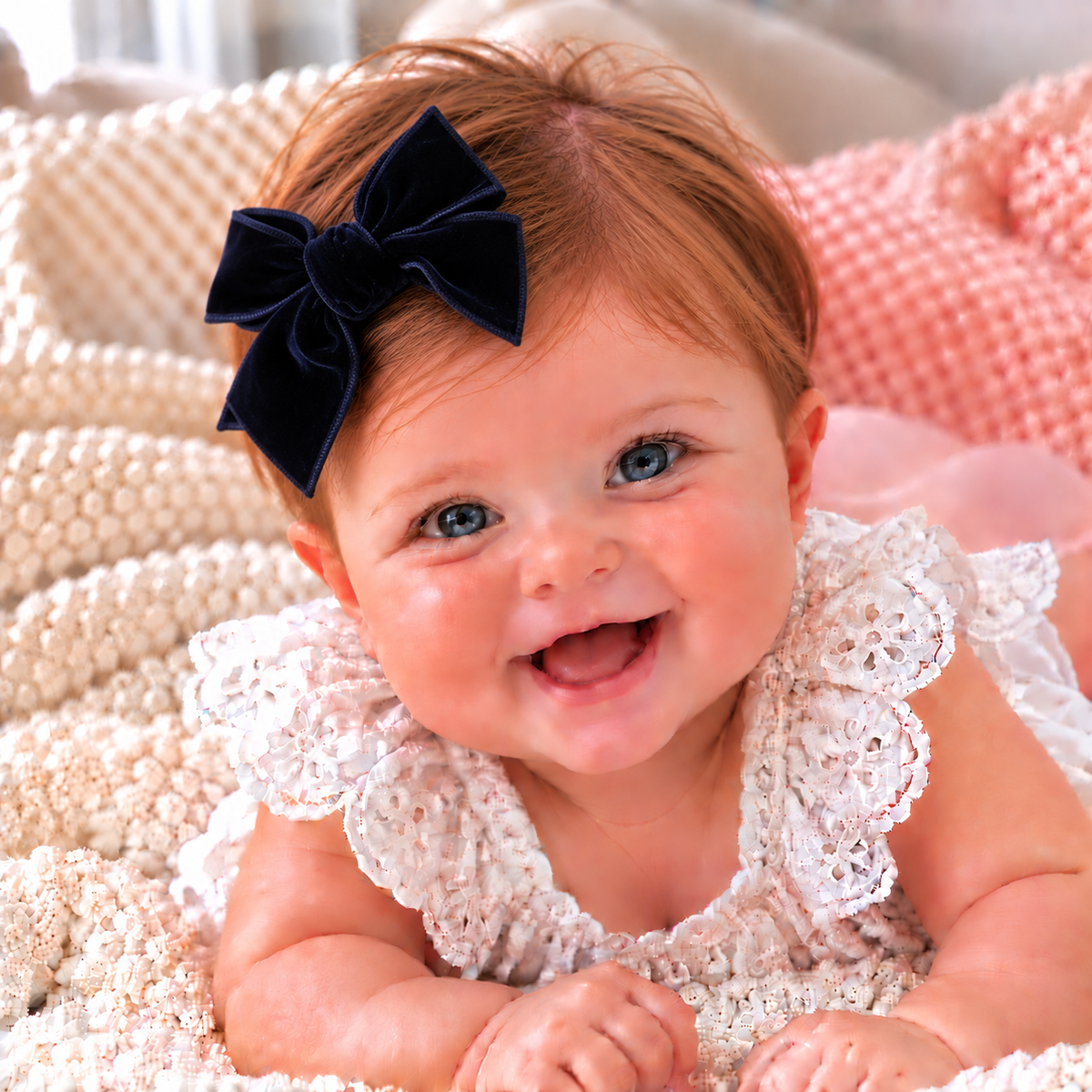 A smiling baby lying on a textured cream blanket, wearing a white lace dress and a large black velvet bow headband.