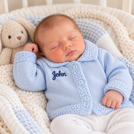 baby boy blue personalised cardigan