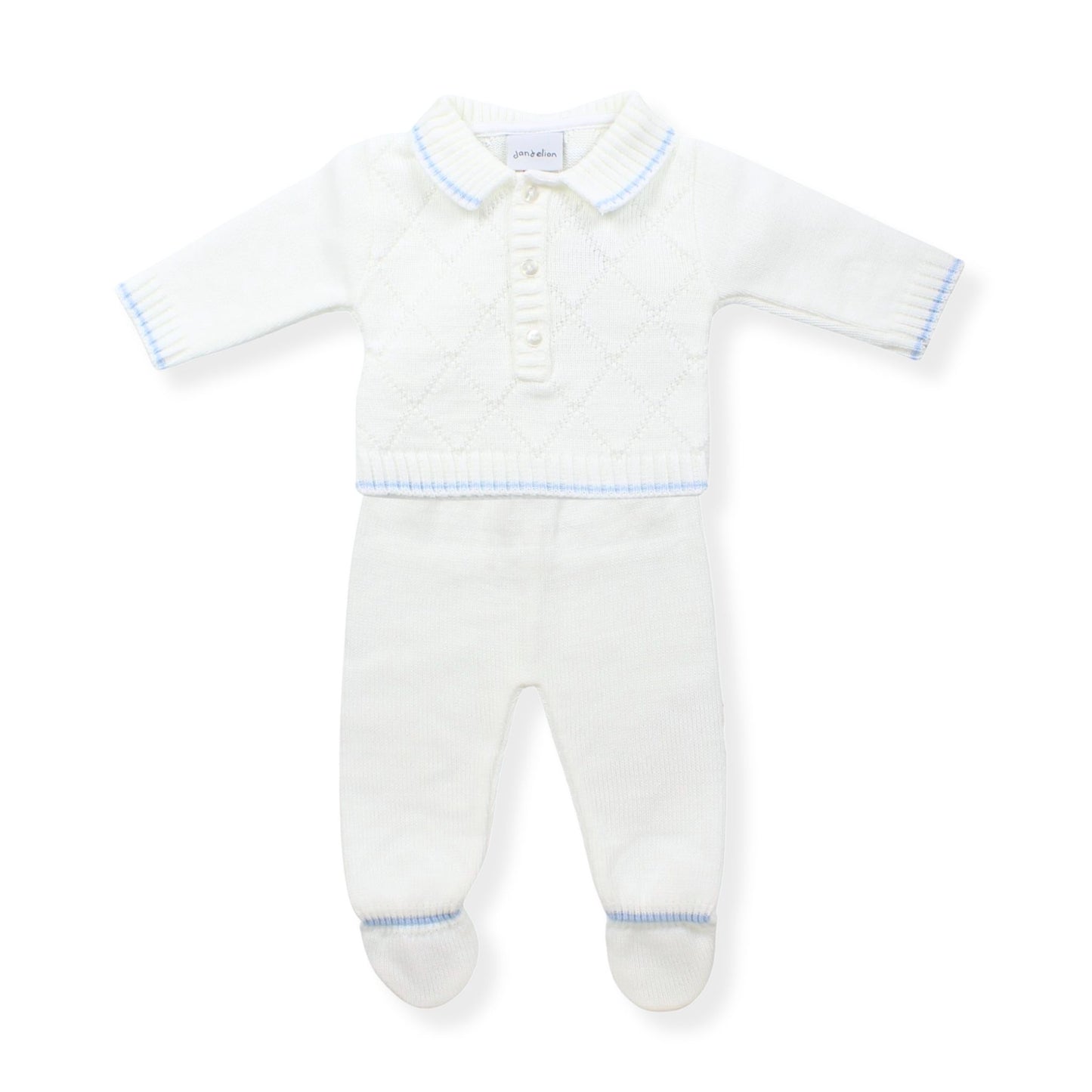 White baby two piece knitted outfit with blue trim on a white background