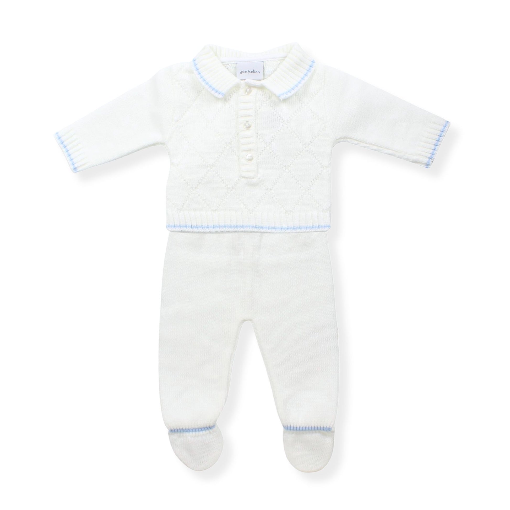 White baby two piece knitted outfit with blue trim on a white background