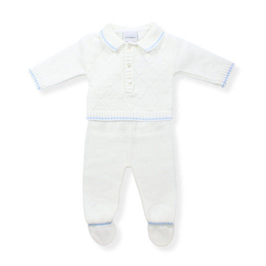 White baby two piece knitted outfit with blue trim on a white background