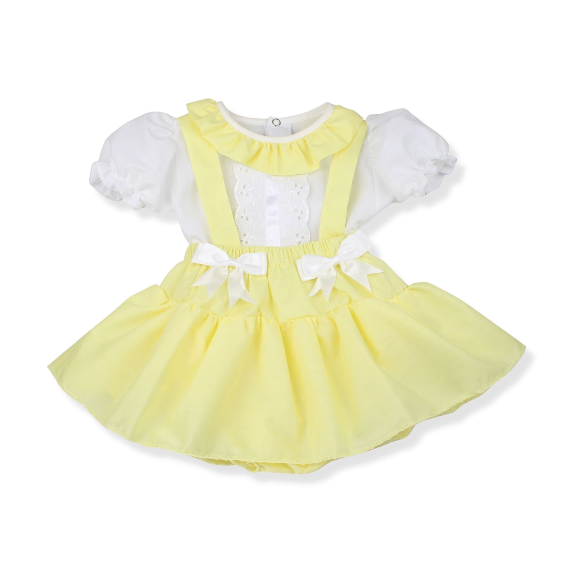 Yellow dress with white ruffled sleeves on a white background
