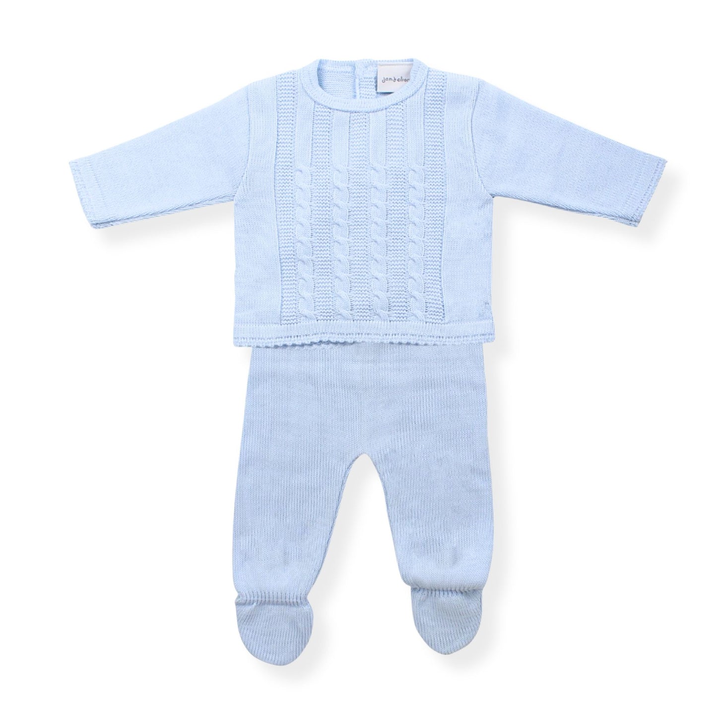 Light blue baby outfit with a top and pants on a white background
