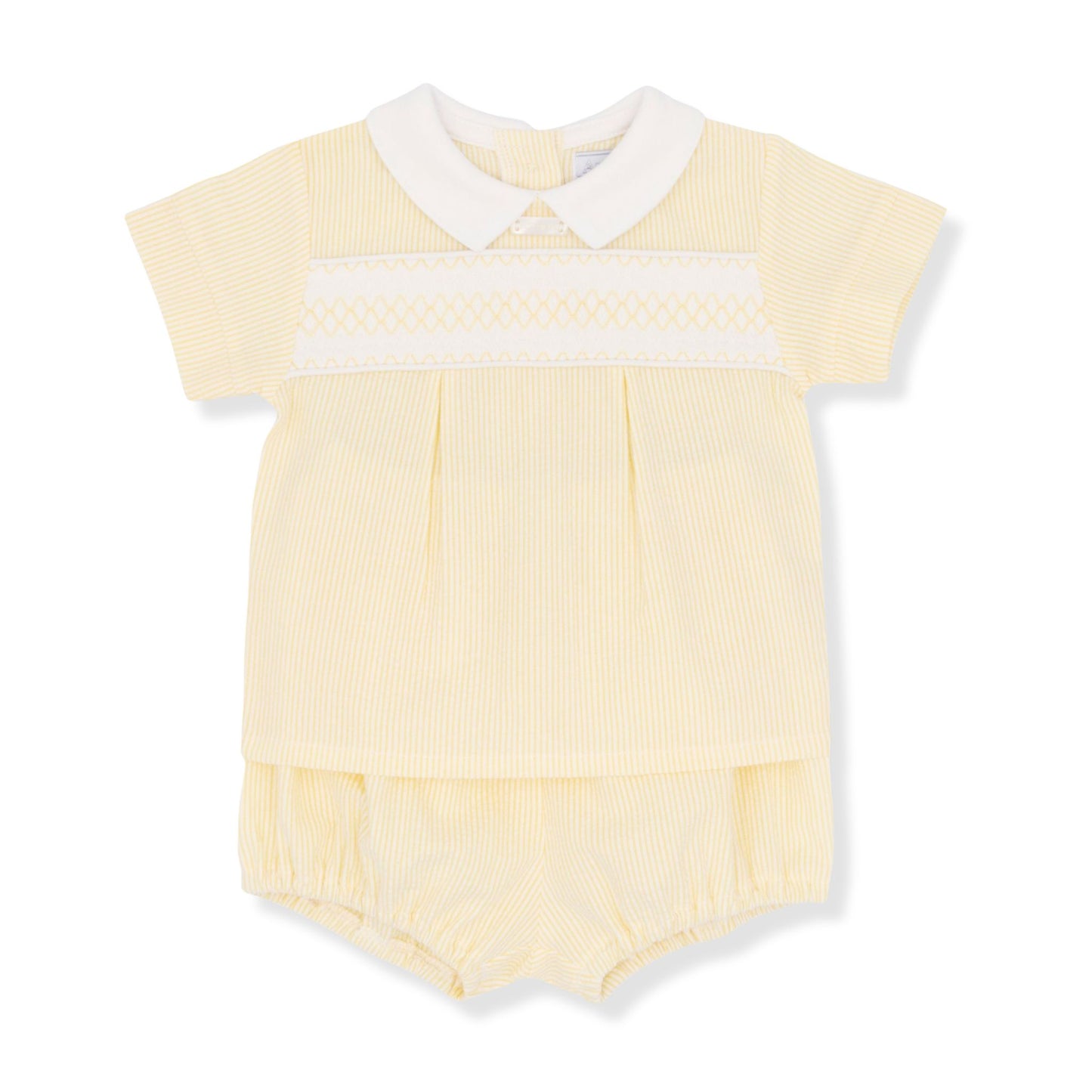 Yellow baby romper with white collar on a white background