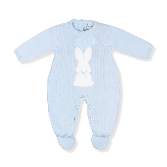 Light blue baby onesie with a white bunny design on a white background