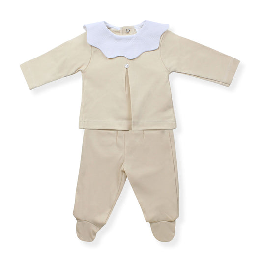Beige baby outfit with white collar on a white background
