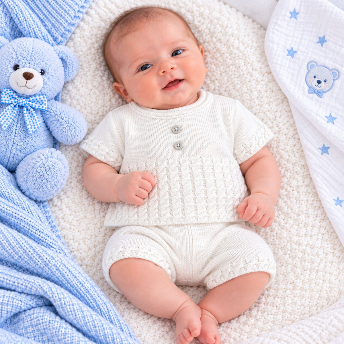A baby lying on a textured cream blanket, wearing a cream short-sleeve knit romper with three buttons. A blue teddy bear toy and a blue star-patterned muslin blanket are visible on either side.