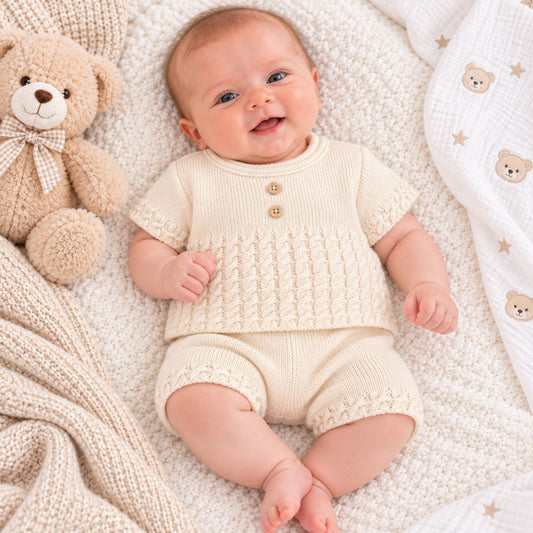 A baby wearing a cream-colored knit short-sleeve romper with three buttons, lying on a textured cream blanket next to a teddy bear and a muslin blanket with teddy bear prints.