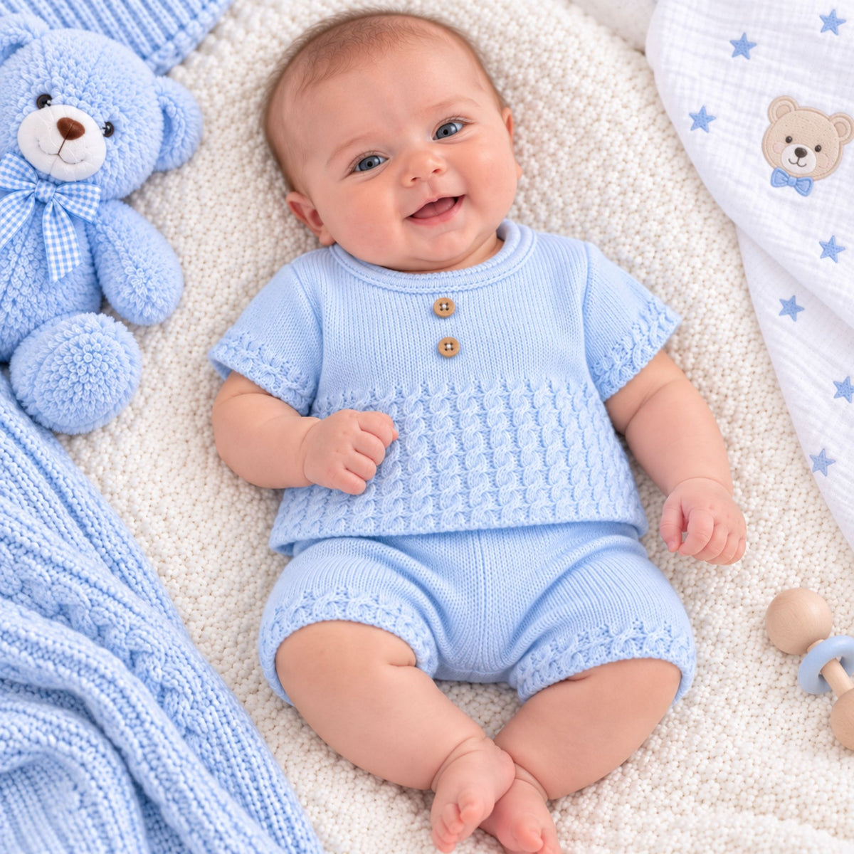 A baby wearing a light blue knit short-sleeve romper with two wooden buttons, lying on a textured cream blanket with a blue teddy bear and a blue star-patterned cloth nearby.