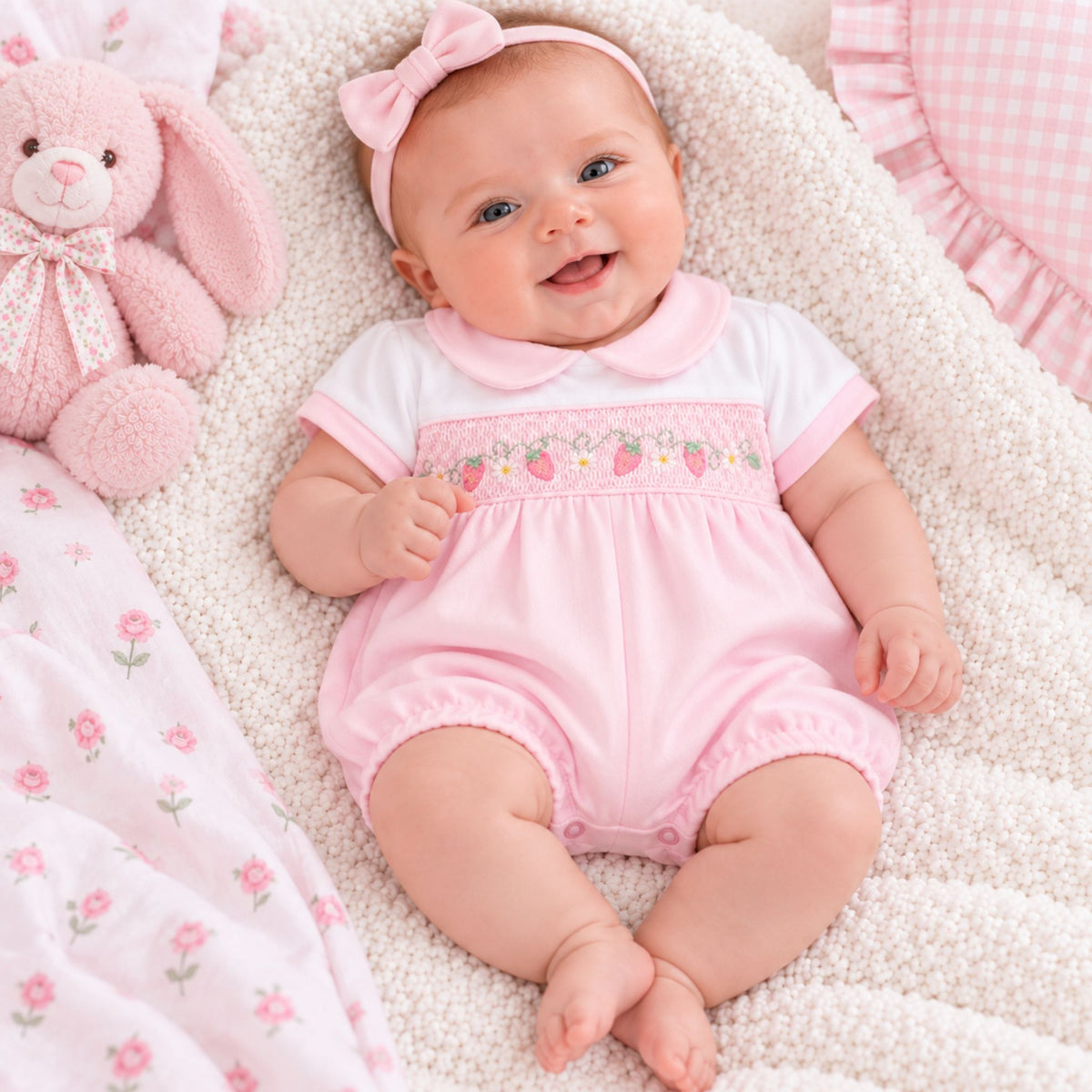 A baby lying on a textured cream blanket, wearing a pink and white short-sleeve romper with a strawberry pattern across the chest and a matching pink bow headband. A plush pink bunny toy and pink gingham bedding are visible around the baby.