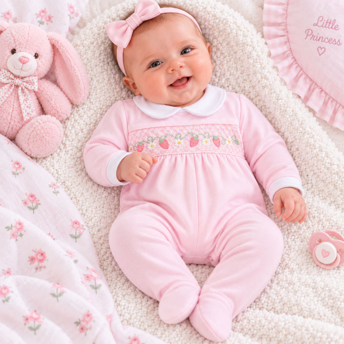 A smiling baby lying on a cream textured blanket, wearing a pink footed onesie with a white Peter Pan collar and a strawberry embroidered band, along with a pink bow headband. The scene is styled with a pink plush bunny toy, a floral quilt, and a pink pillow that reads 'Little Princess'.