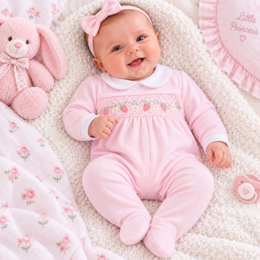 A smiling baby lying on a cream textured blanket, wearing a pink footed onesie with a white Peter Pan collar and a strawberry embroidered band, along with a pink bow headband. The scene is styled with a pink plush bunny toy, a floral quilt, and a pink pillow that reads 'Little Princess'.