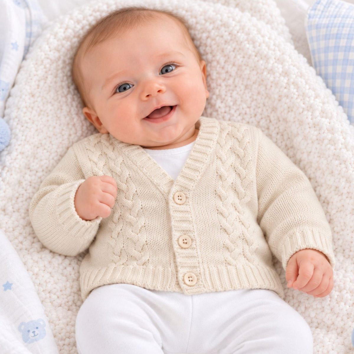 A smiling baby lying on a soft cream blanket, wearing a cream cable-knit cardigan over a white top and white footed pants. A blue teddy bear, patterned muslin blanket, and pacifier are visible around the baby.