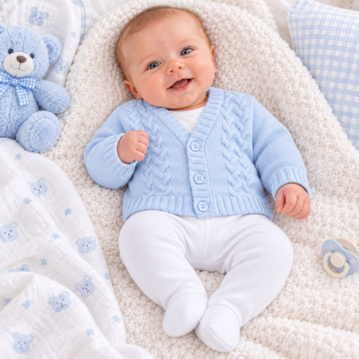 A smiling baby lying on a soft cream blanket, wearing a light blue cable-knit cardigan over a white top and white footed pants. A blue teddy bear toy, a blue-and-white check pillow, and a pacifier are visible around the baby.