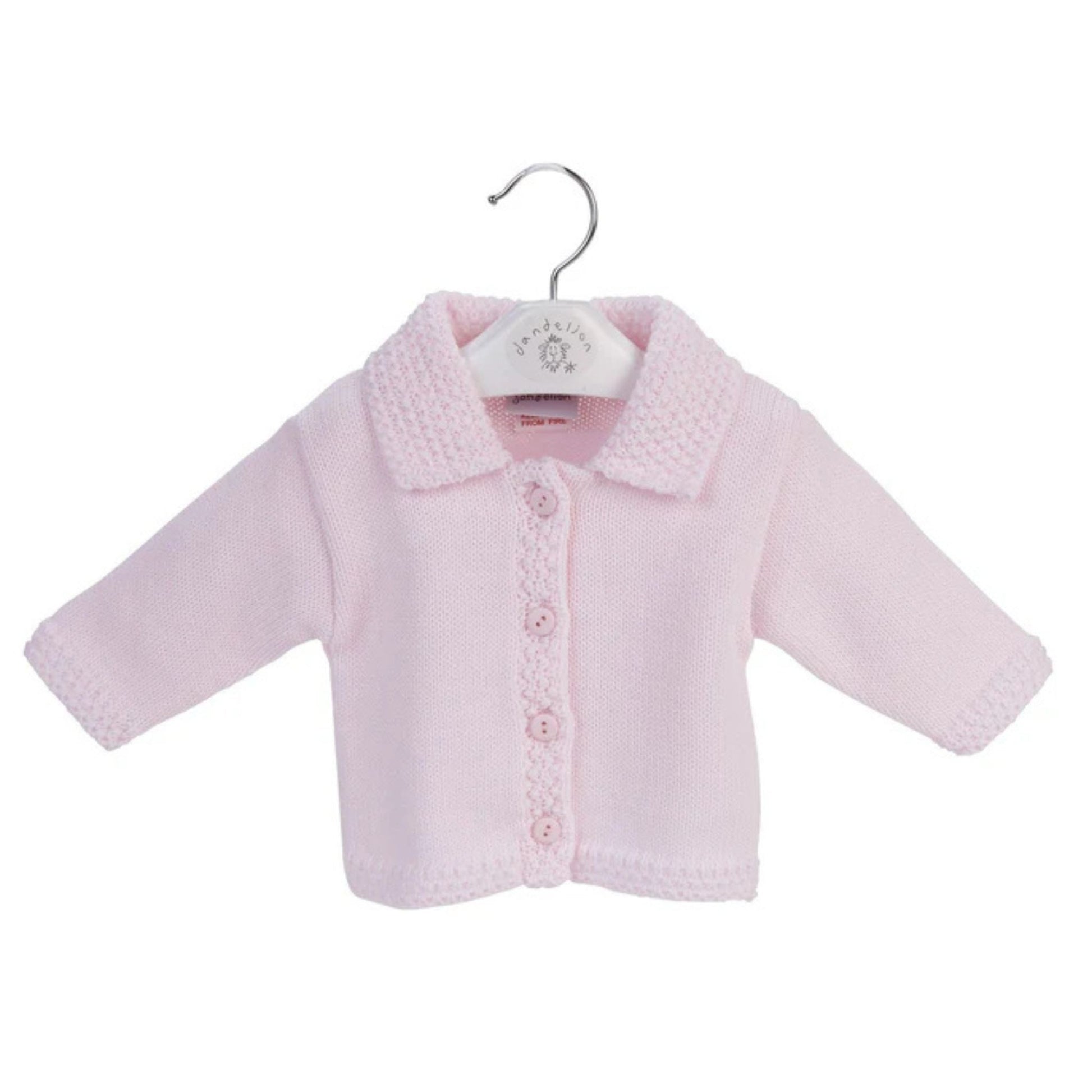 Pink baby jacket on a hanger against a white background