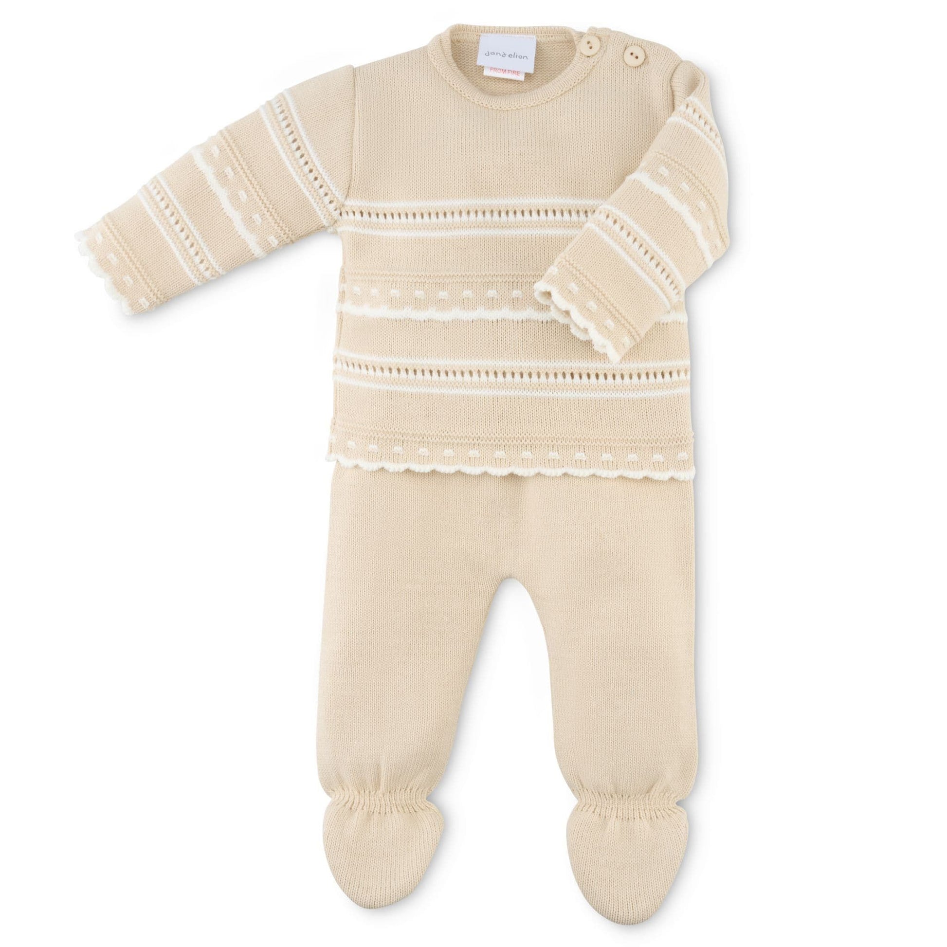 Beige baby outfit with lace details on a white background