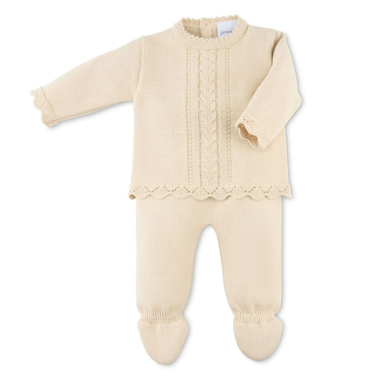 Beige baby outfit with long sleeves and footed design on a white background