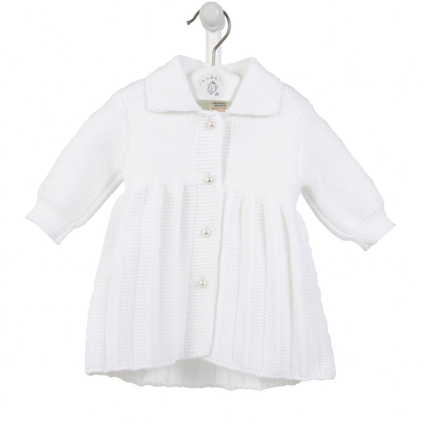 White baby coat on a hanger against a white background