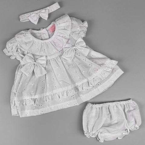 white baby girls three piece dress headband and pants