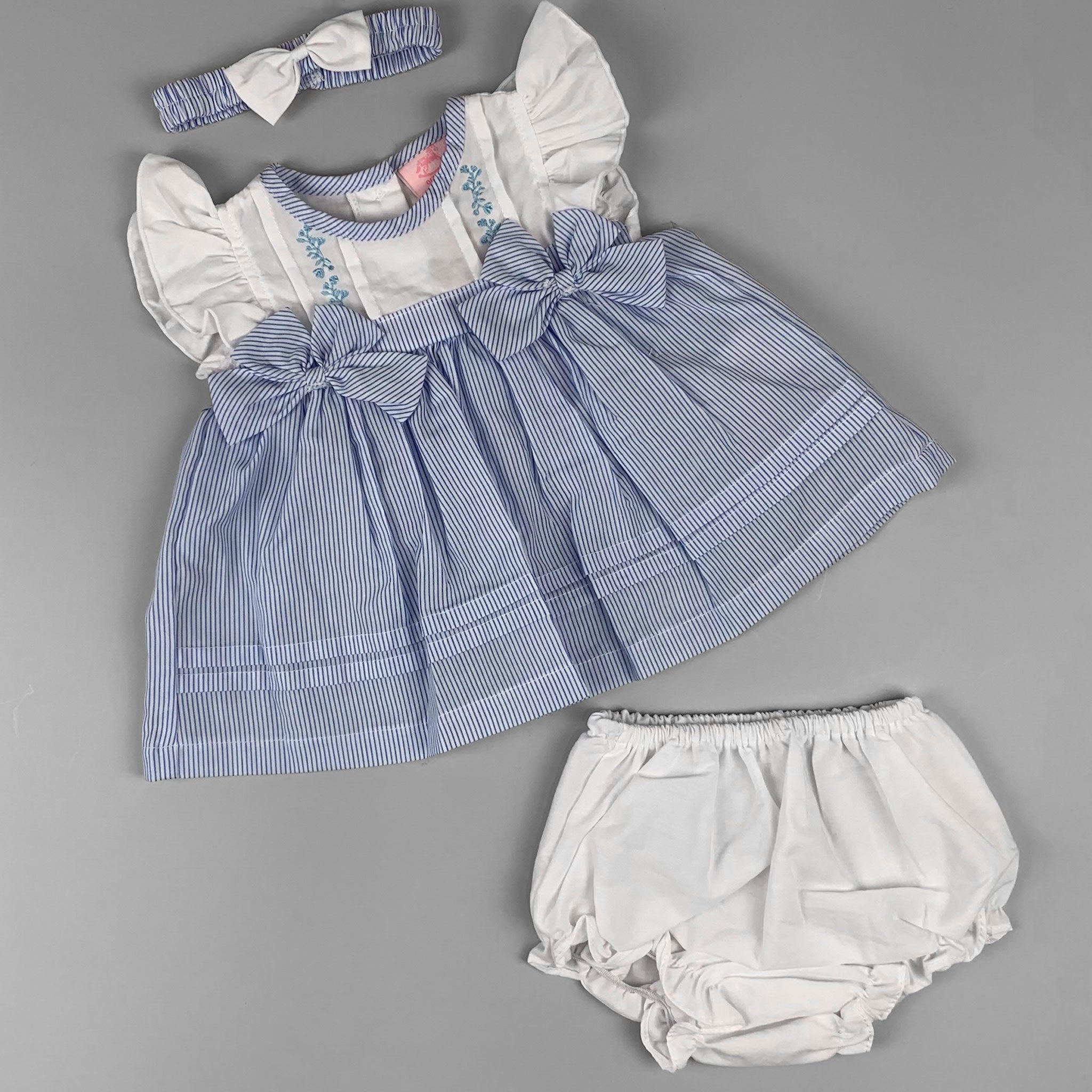 baby girls blue and white pin striped summer dress