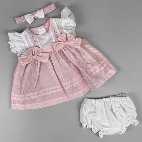 baby girls pink pin striped summer dress headband and knickers