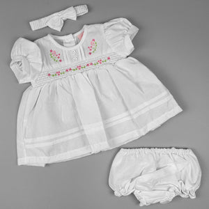 Baby girls white summer dress flower embroidery with matching headband and pants