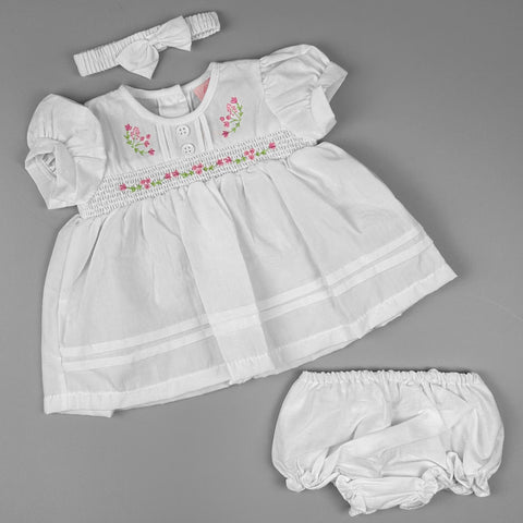 Baby girls white summer dress flower embroidery with matching headband and pants