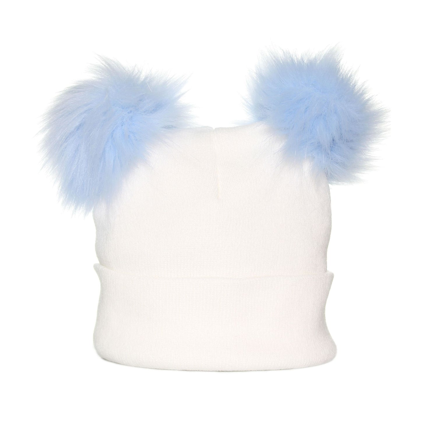 White beanie with light blue faux fur pom-poms on a white background