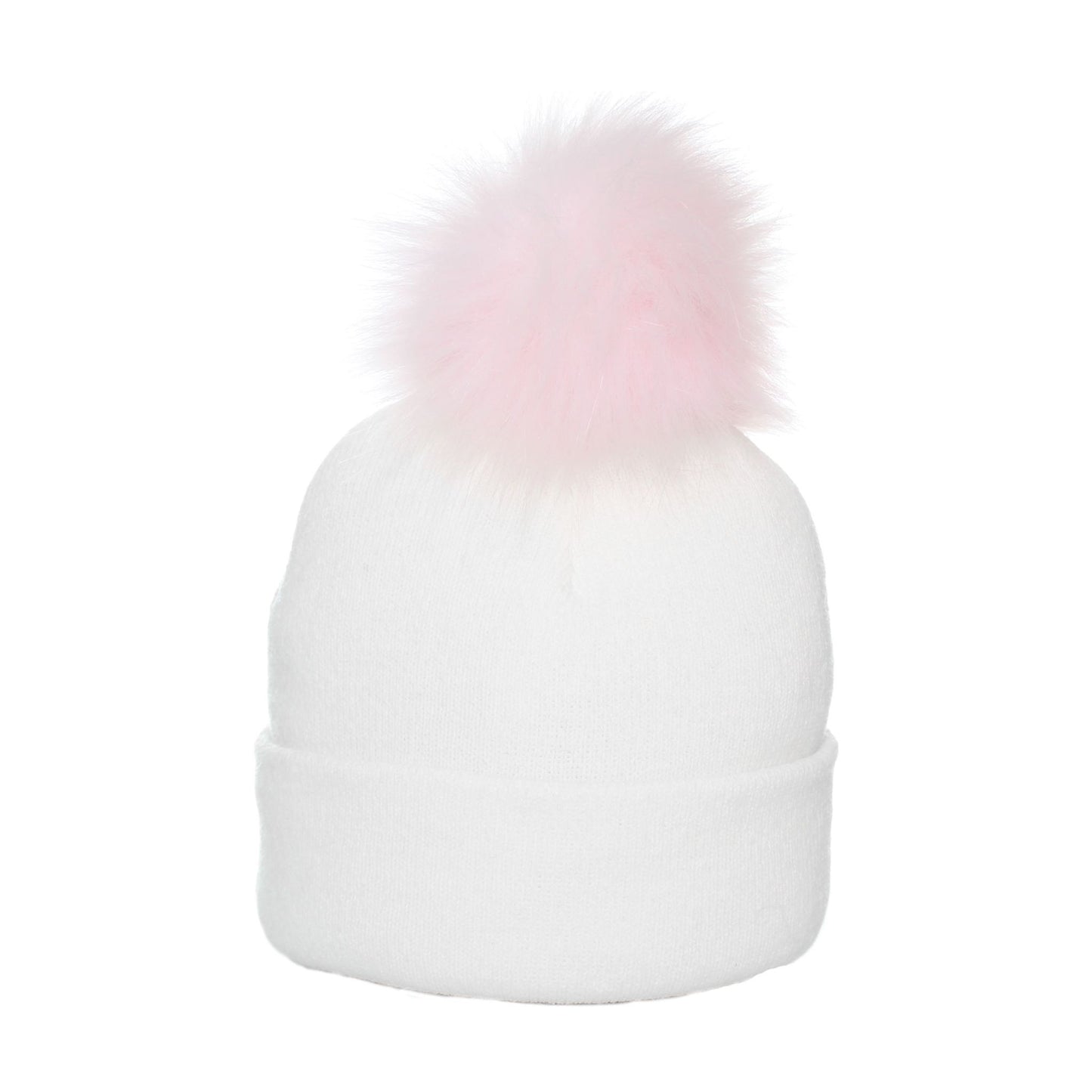 White beanie with a pink pom-pom on a white background