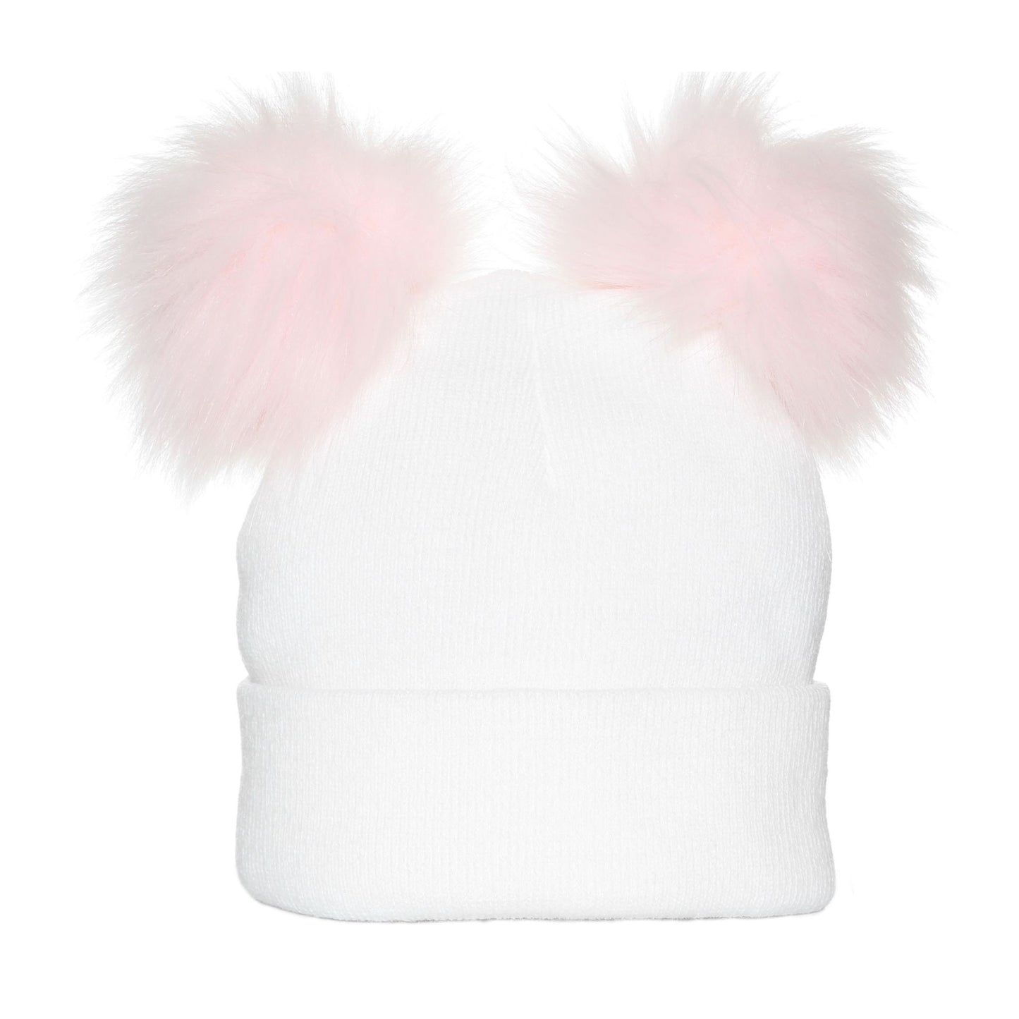 White beanie with pink fur pom-poms on a white background