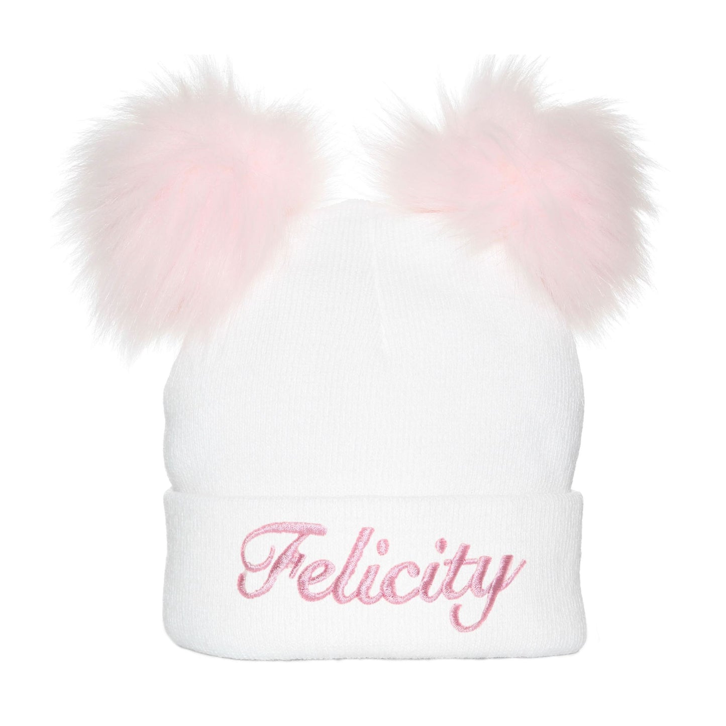 White beanie with pink fur pom-poms and 'Felicity' embroidery on a white background