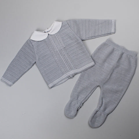 Baby Boys 2 Piece Knitted Outfit - Jumper and Bottoms - Grey