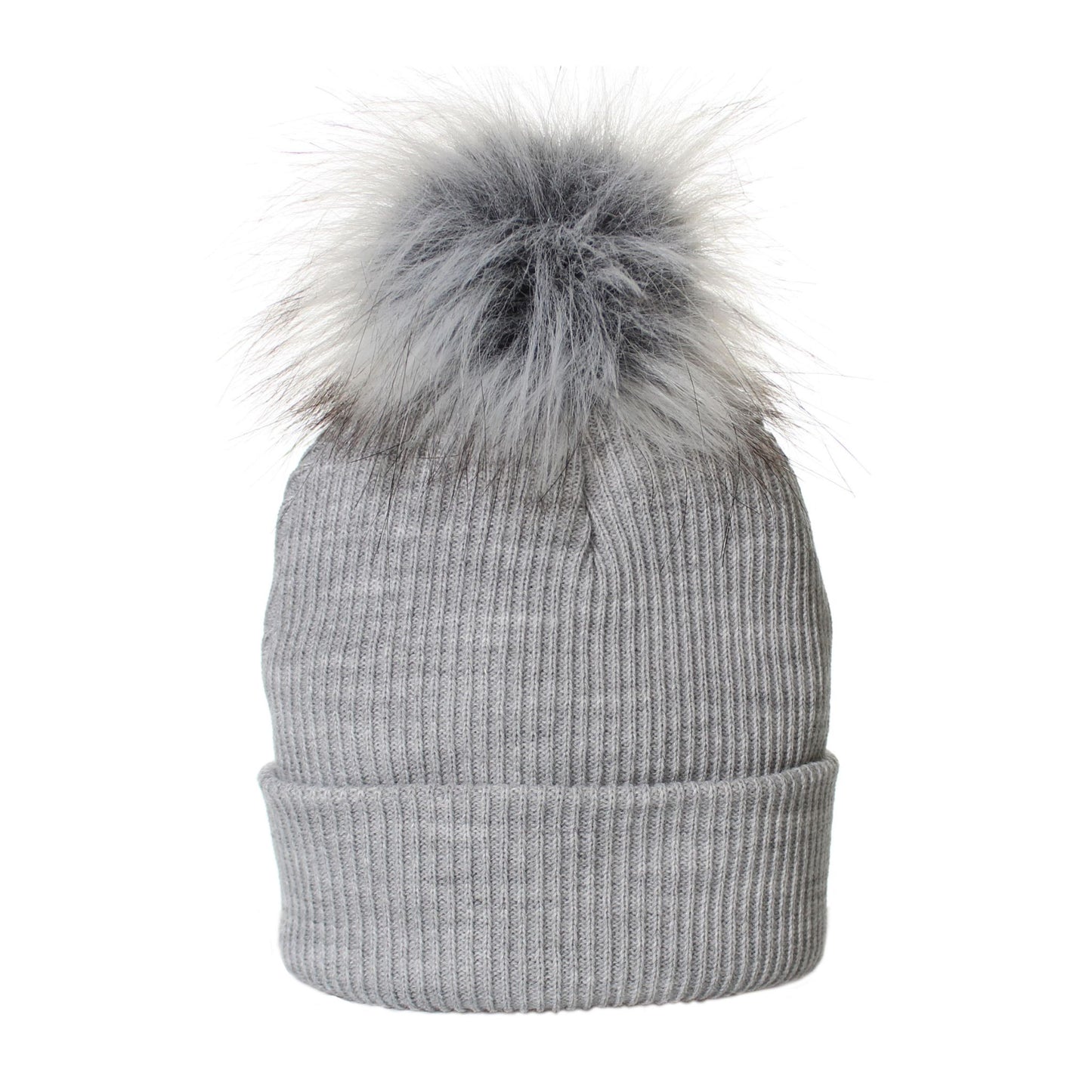 Gray knit beanie with a fluffy pom-pom on a white background