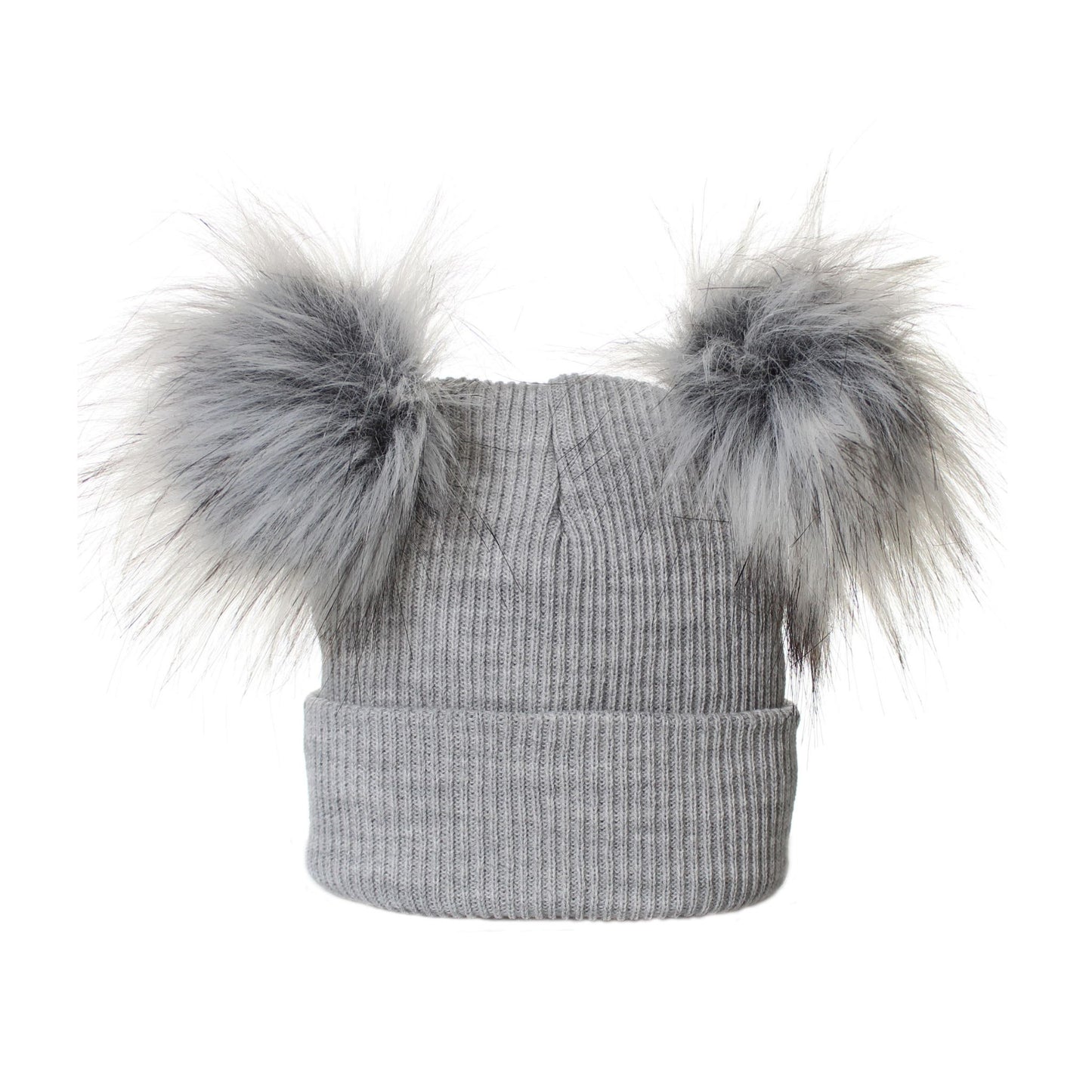 Gray knit beanie with two large fur pom-poms on a white background
