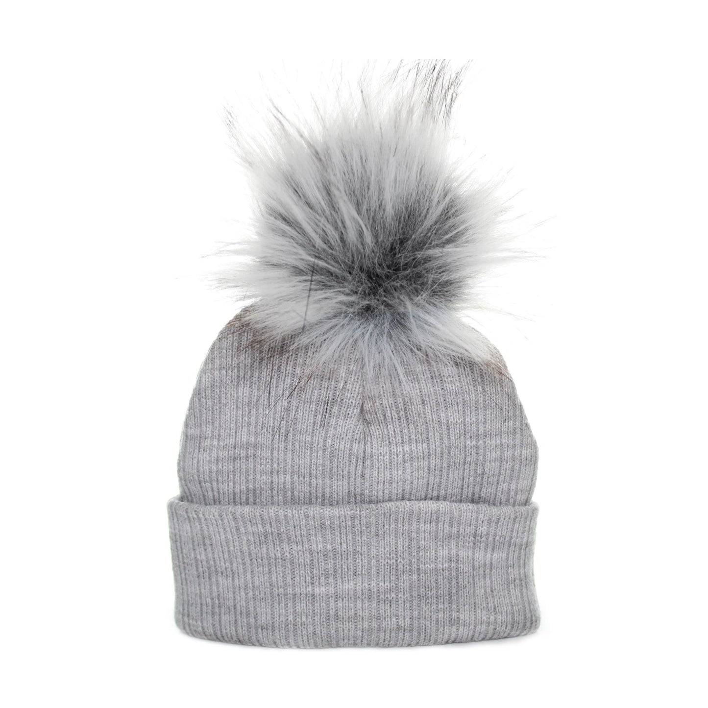 Gray knit beanie with a large fur pom-pom on a white background