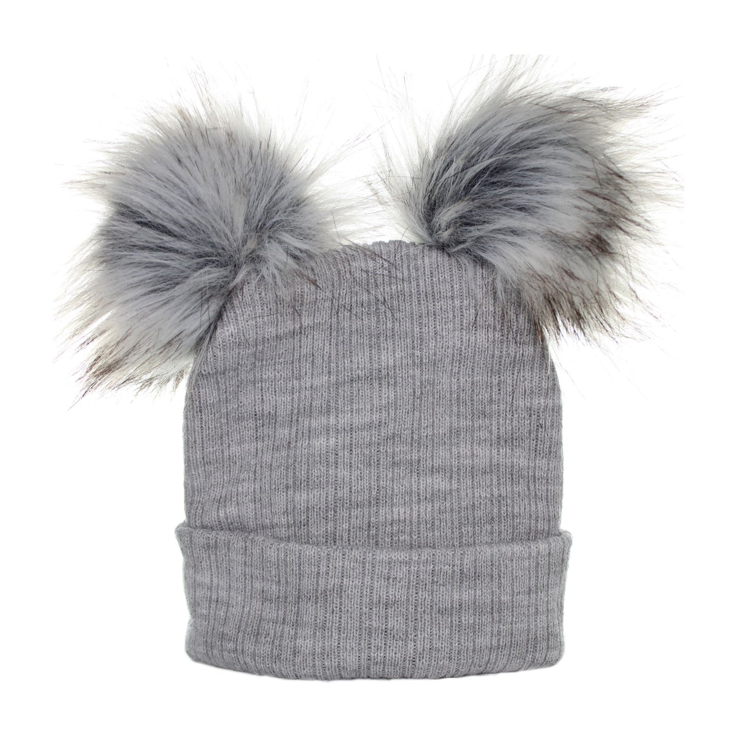 Gray knit beanie with two large fur pom-poms on a white background