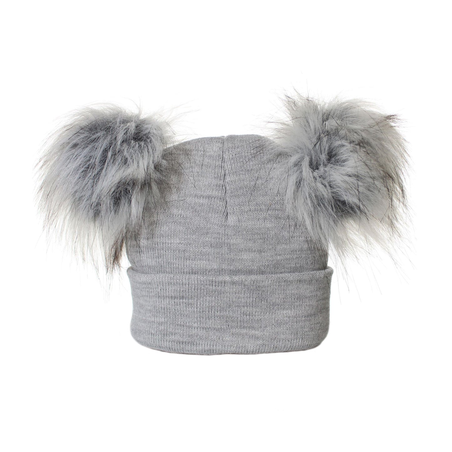 Gray knit beanie with two large fur pom-poms on a white background