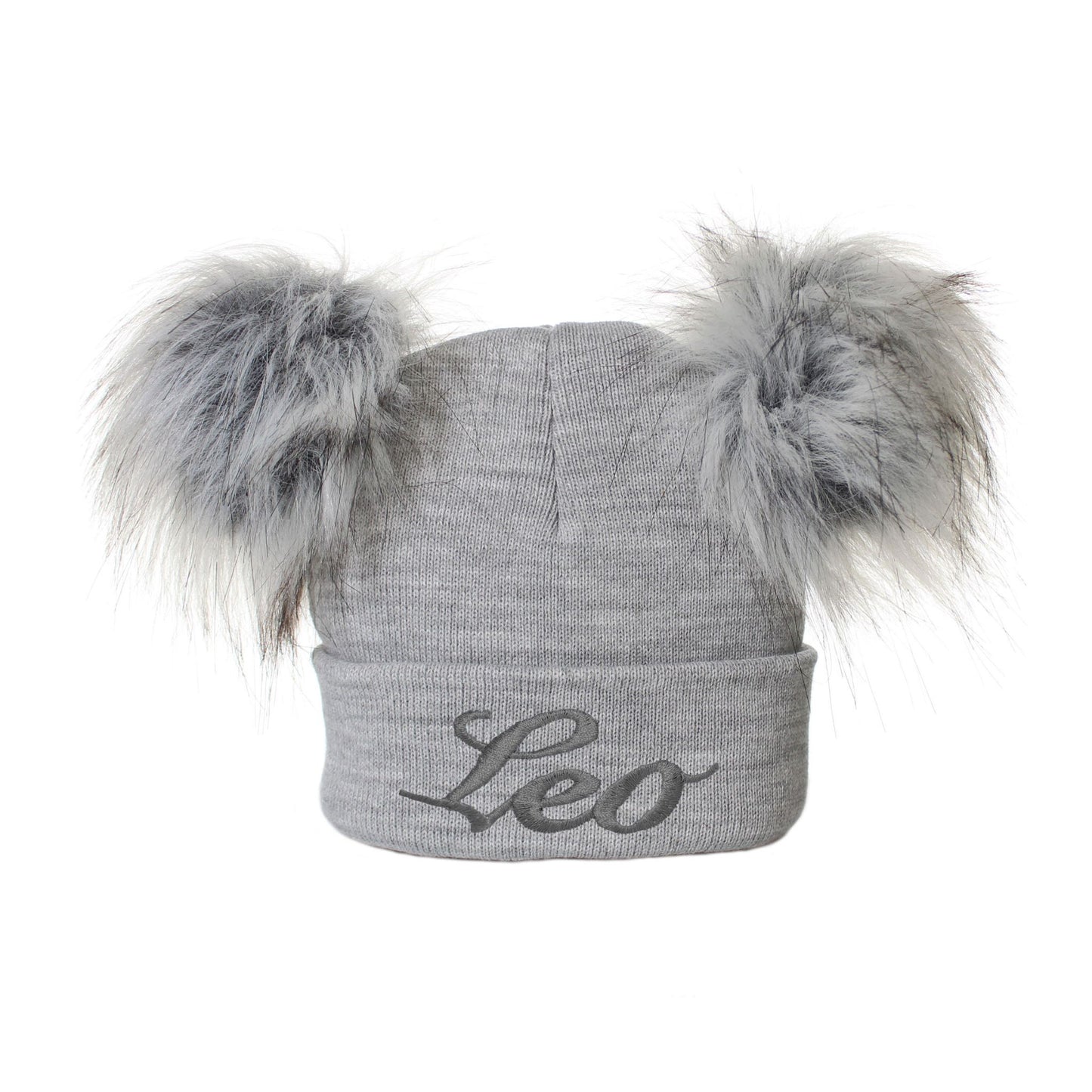 Gray knit beanie with fur pom-poms and 'Leo' embroidery on a white background